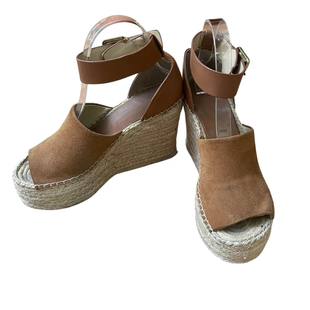 Marc Fisher Mladalyn Suede Brown Wedge Platform Espadrilles with Ankle Strap 6.5